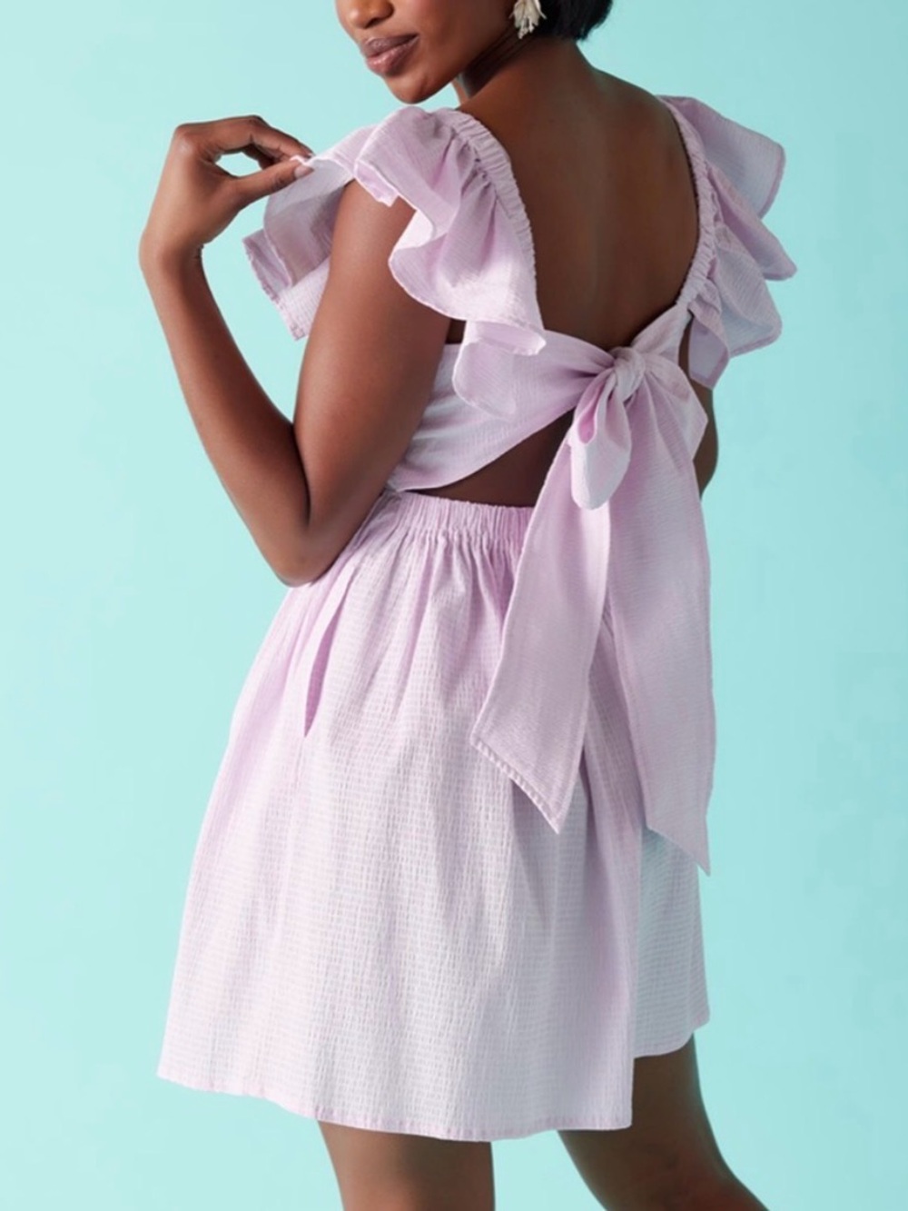 Francesca's Mi Ami Womens Medium Dress Bella Ruffle Sleeve Bow Back Mini - Picture 2 of 5
